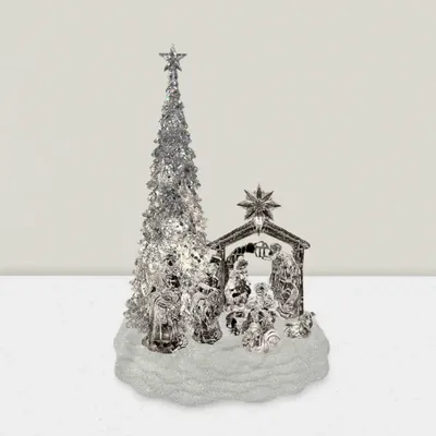 Crèches et santons - Crèche Musicale LED avec Sapin – Effet Cristal et Socle Pailleté - LES LUMIERES DU TEMPS