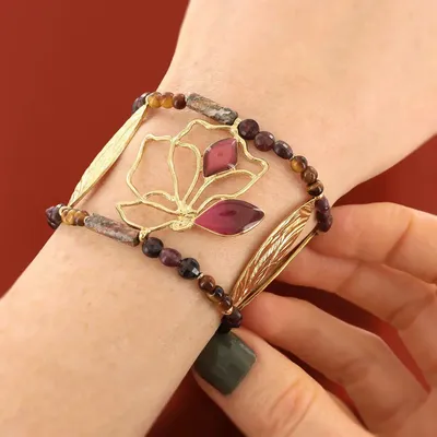 Bijoux - BRACELET HIBISCUS COULEUR DORE ROSE - ILARIA.I