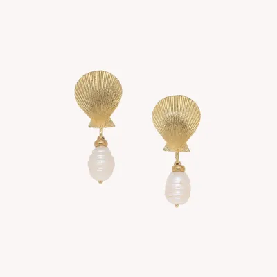 Jewelry - Post earrings with golden shell and french water pearl dangle - Spiaggia Rosa - ILARIA.I