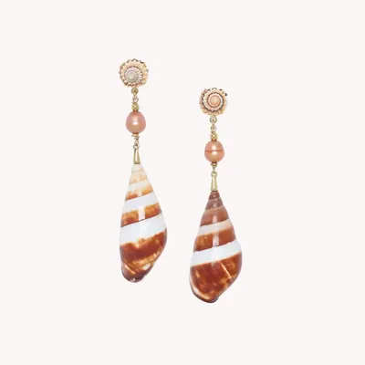 Bijoux - Boucles d'oreilles poussoir top coquillage echinella et perle d'eau douce orange - Alona - ILARIA.I