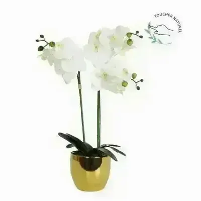 Décorations florales - Orchidée artificielle 15 fleurs “toucher naturel” – pot céramique doré - ILARIA.I
