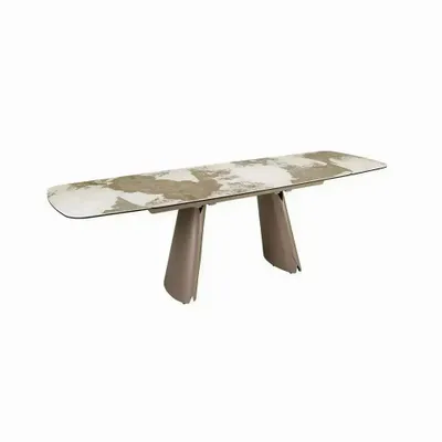 Tables Salle à Manger - Table à manger ovale extensible en forme de tonneau en marbre céramique et acier taupe métallisé - ILARIA.I