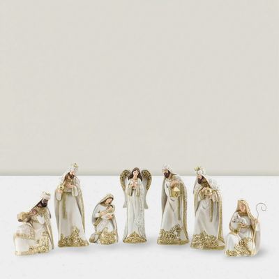 Crèches et santons - Crèche Élégante – Ensemble de 8 Figurines Blanc et Or - LES LUMIERES DU TEMPS