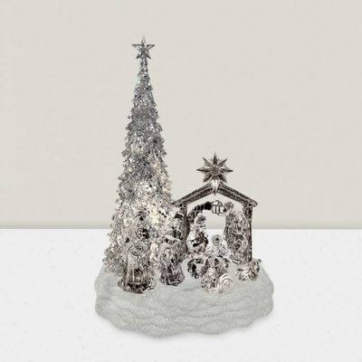 Crèches et santons - Crèche Musicale LED avec Sapin – Effet Cristal et Socle Pailleté - LES LUMIERES DU TEMPS
