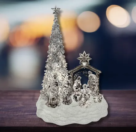 Crèches et santons - Crèche Musicale LED avec Sapin – Effet Cristal et Socle Pailleté - LES LUMIERES DU TEMPS