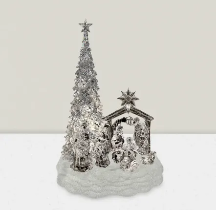 Crèches et santons - Crèche Musicale LED avec Sapin – Effet Cristal et Socle Pailleté - LES LUMIERES DU TEMPS