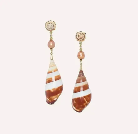 Bijoux - Boucles d'oreilles poussoir top coquillage echinella et perle d'eau douce orange - Alona - ILARIA.I