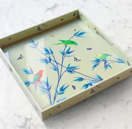 Poubelles pour salle de bain - Plateau carré en laque mauve " Jardin des merveilles" vert céladon - ILARIA.I