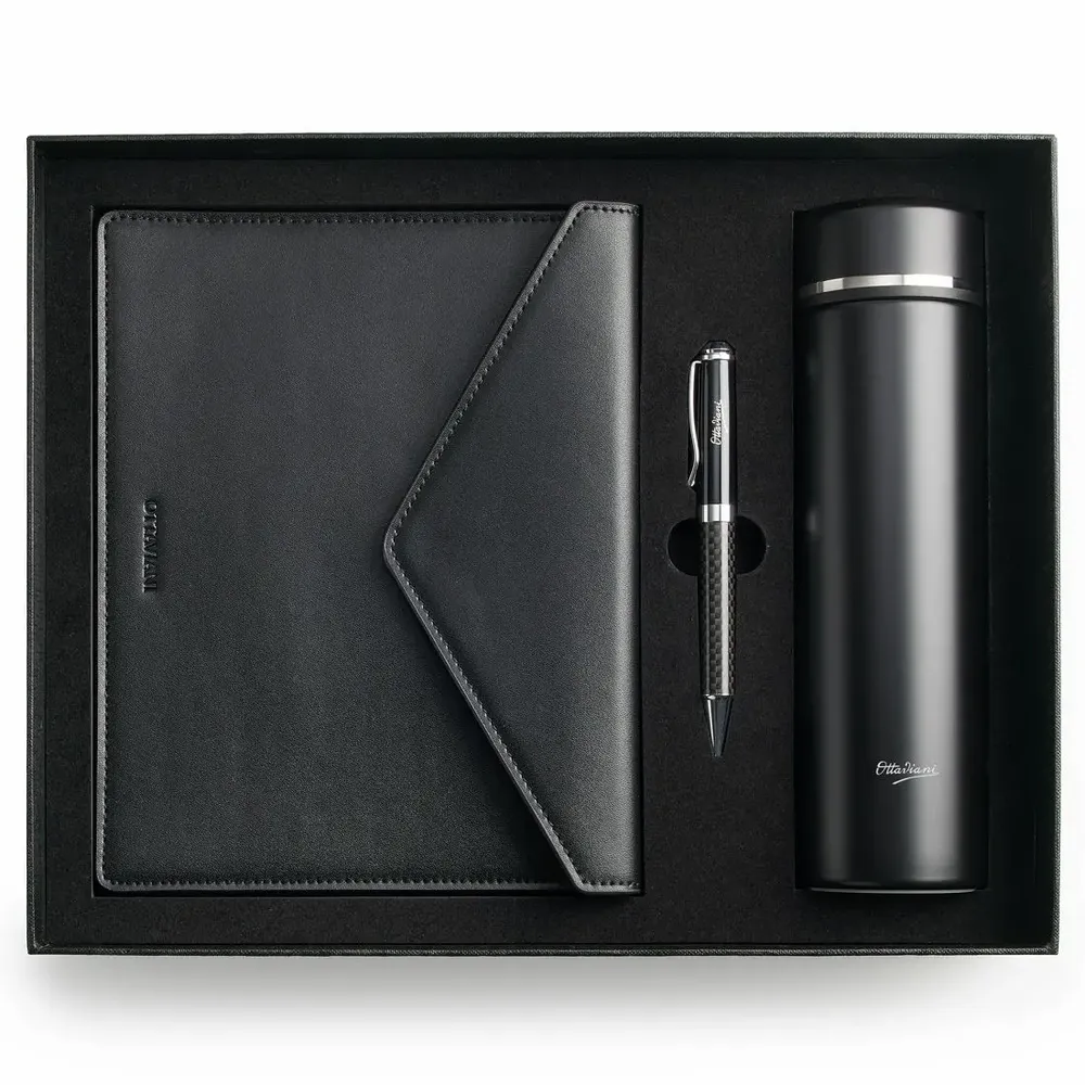 Design objects - Set with pen, stainless steel thermal bottle and genuine leather documents holder - ASIATIDES