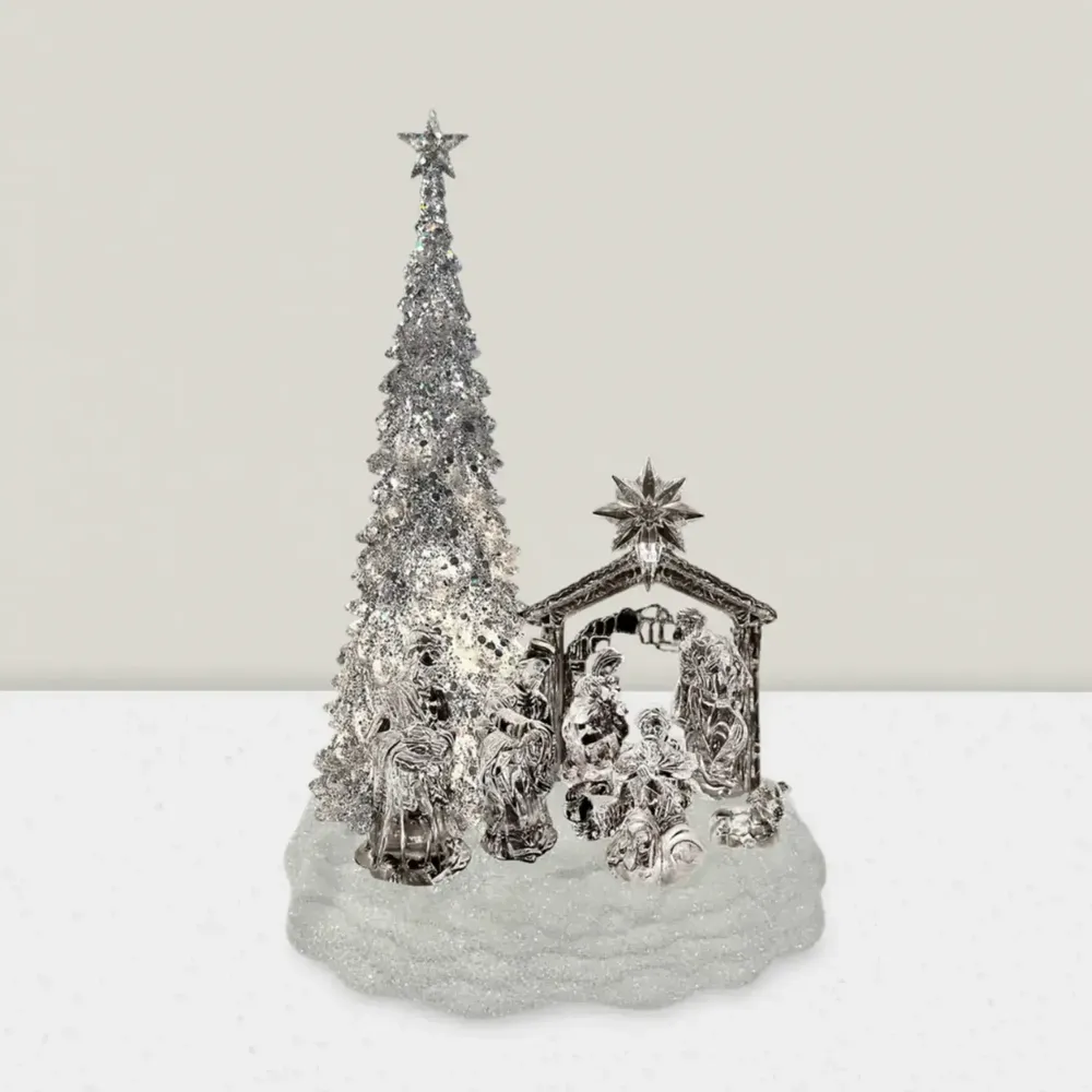 Nativity scenes and santons - LED Musical Nativity Scene with Tree – Crystal Look & Glitter Base - LES LUMIERES DU TEMPS