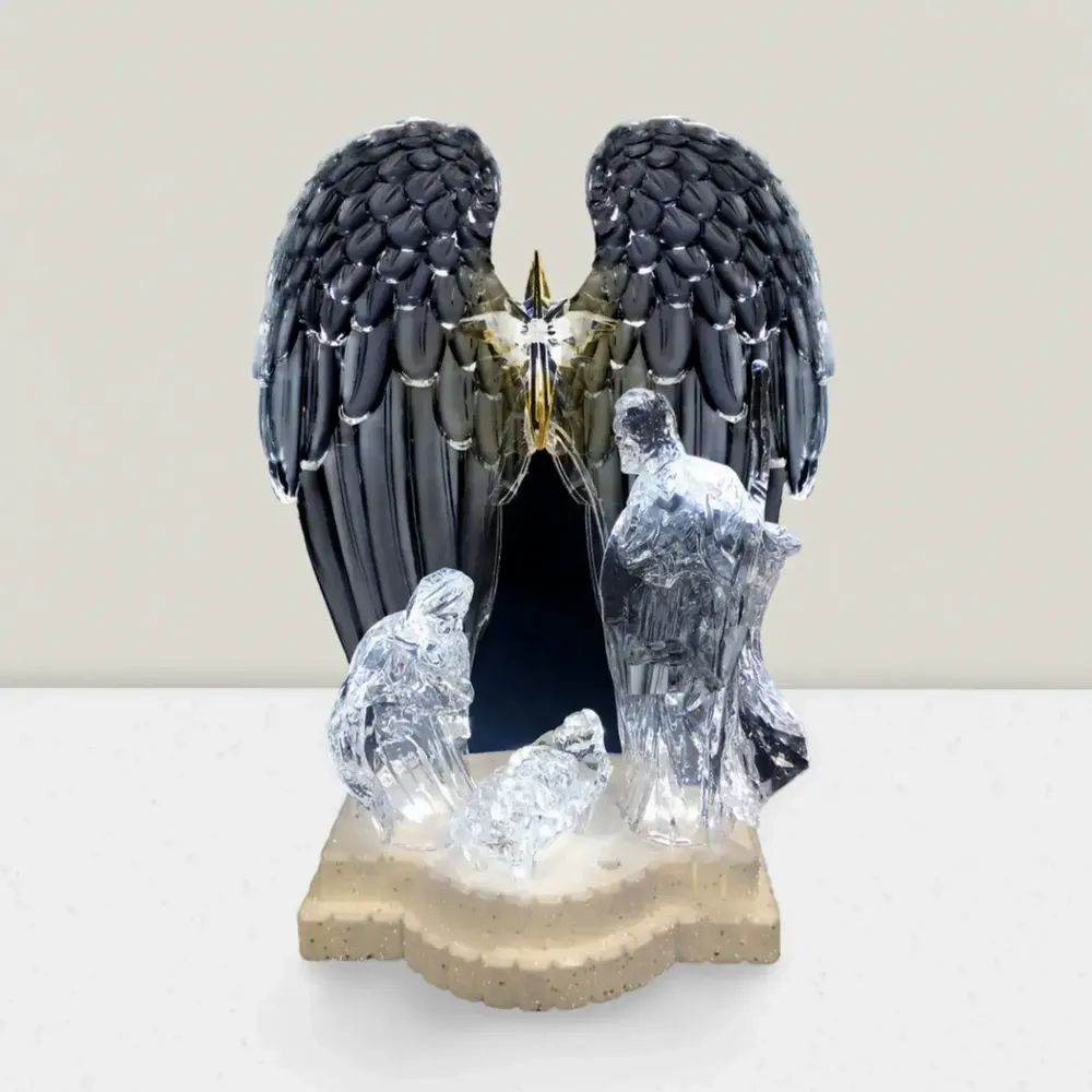 Nativity scenes and santons - Crystal-Style LED Nativity with Angel Wings – Light & Music Feature - LES LUMIERES DU TEMPS