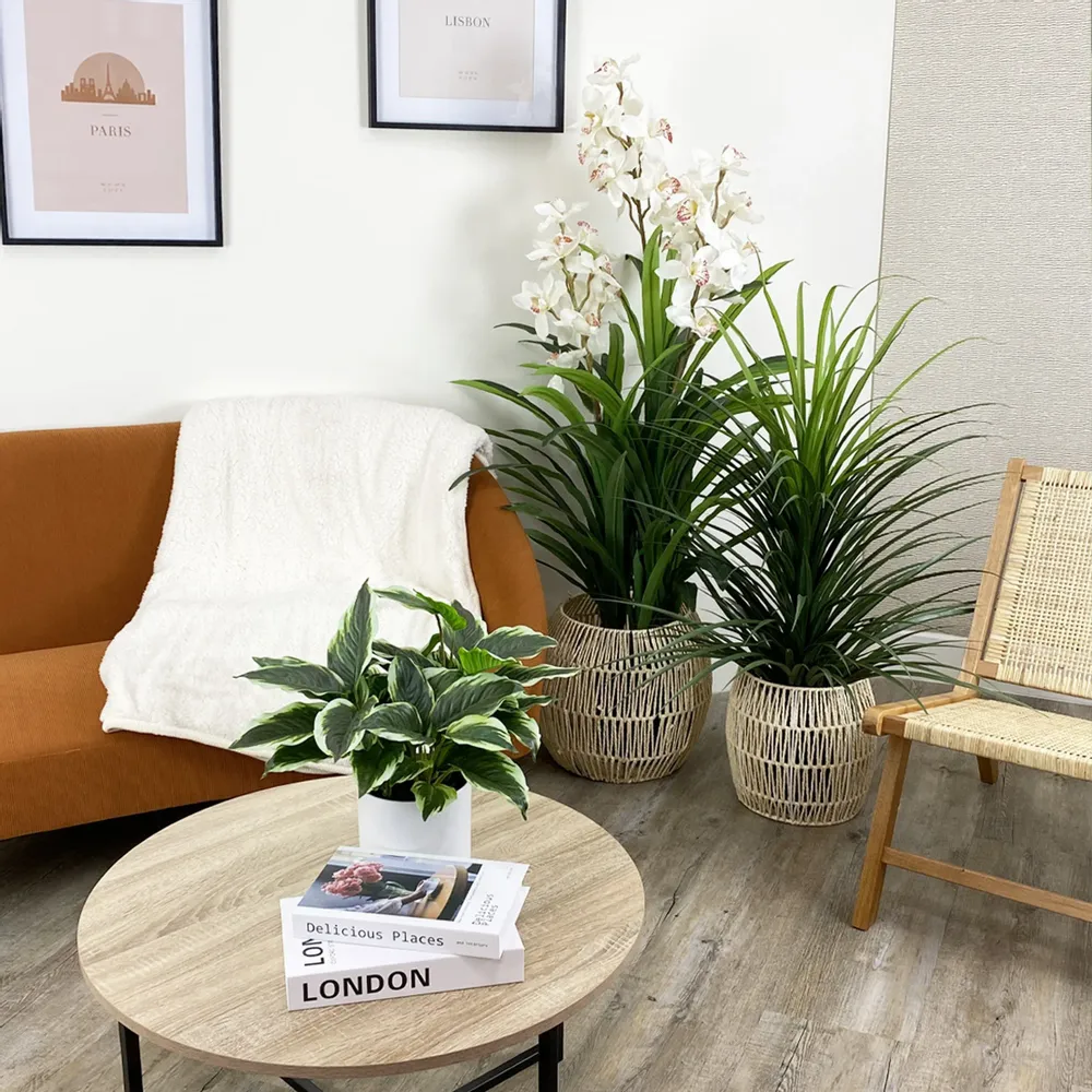 Floral decoration - Artificial cymbidium, 30 flowers, 60 leaves, white pot - ILARIA.I