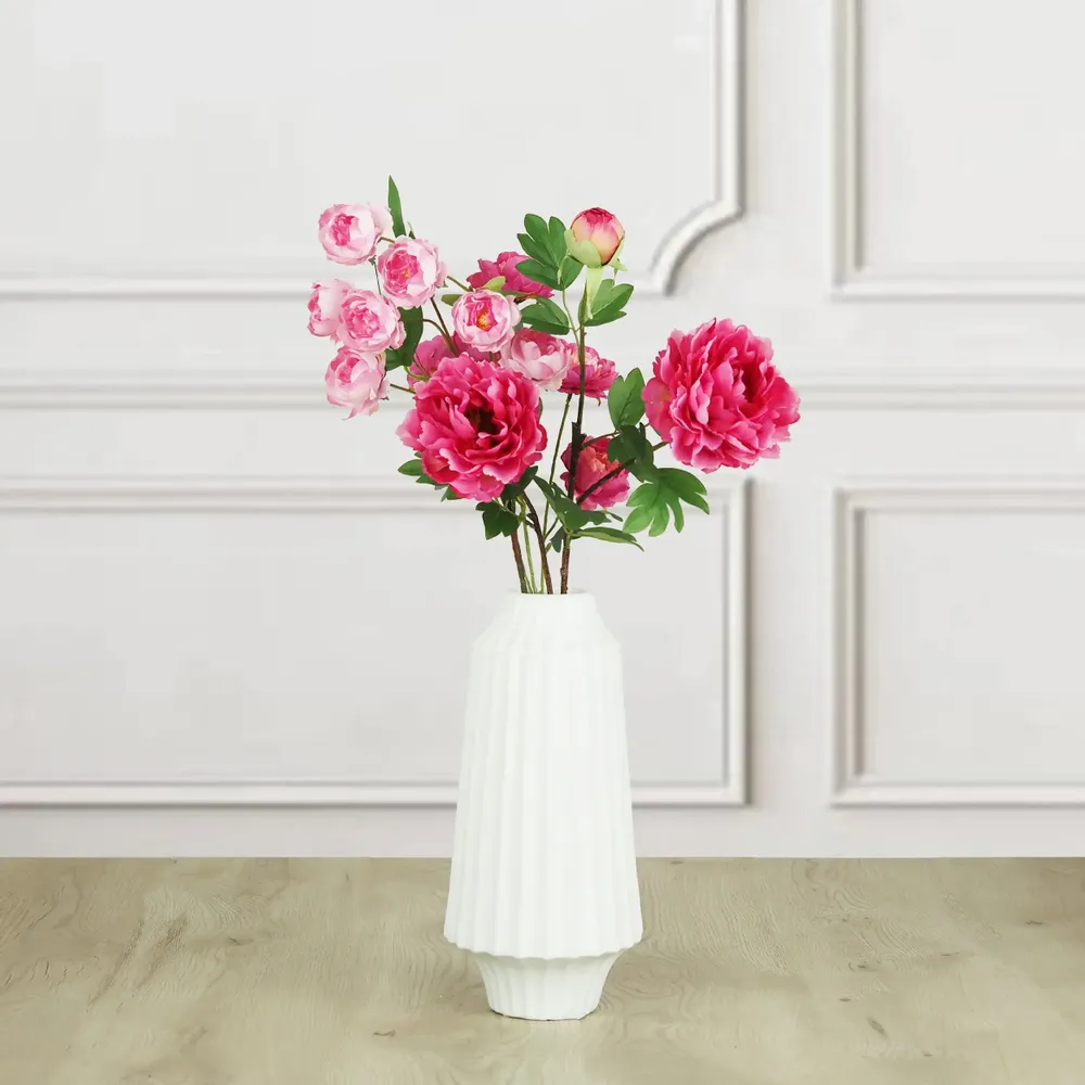 Floral decoration - Artificial peony stem – 2 flowers and 1 bud – Pink - ILARIA.I