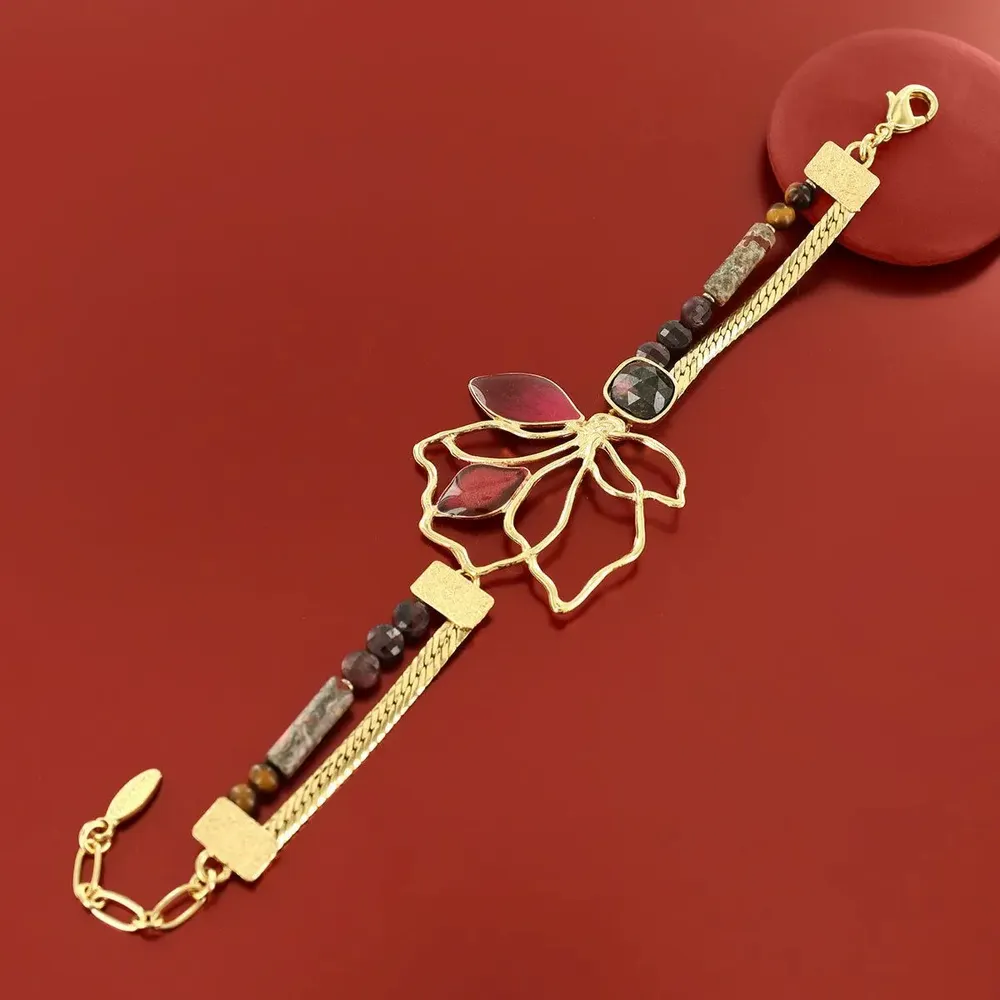 Bijoux - BRACELET HIBISCUS COULEUR DORE ROSE - ILARIA.I