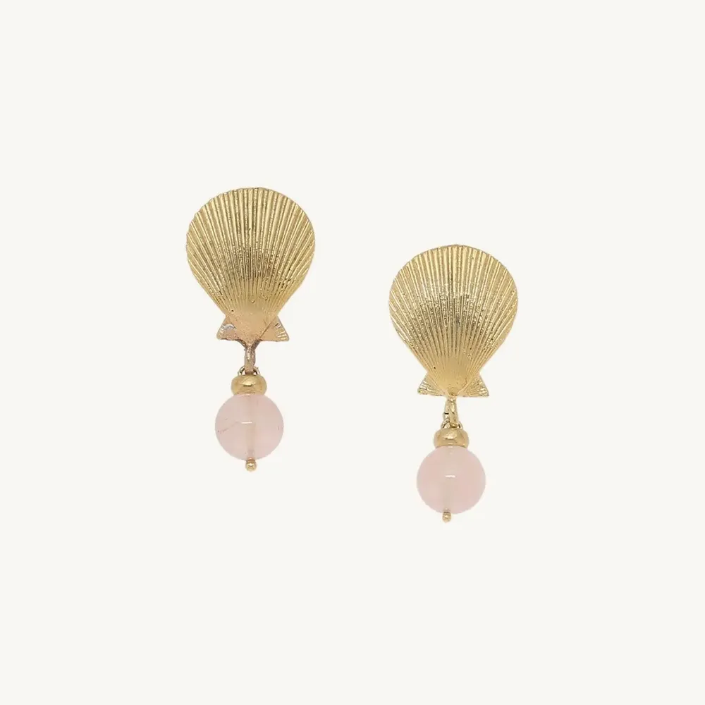 Jewelry - Post earrings with golden shell & rose quartz ER - Spiaggia Rosa - ILARIA.I
