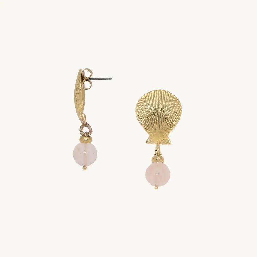 Jewelry - Post earrings with golden shell & rose quartz ER - Spiaggia Rosa - ILARIA.I