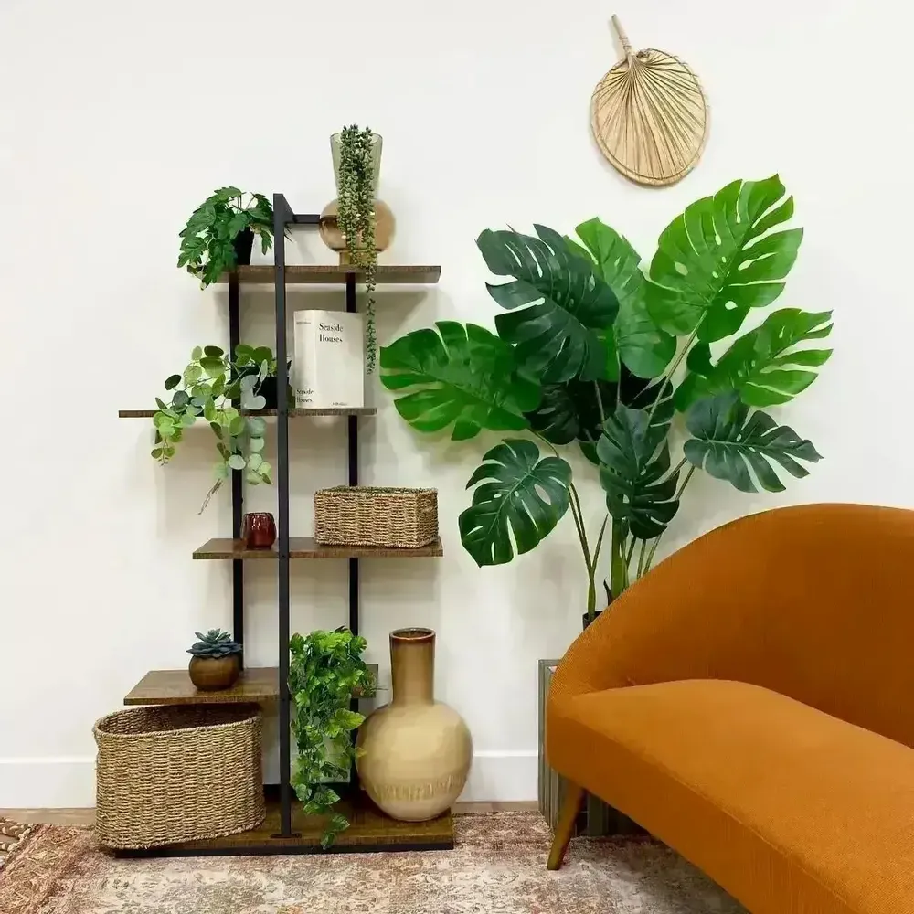 Floral decoration - Artificial monstera, 10 leaves, “real touch”, black plastic pot - ILARIA.I