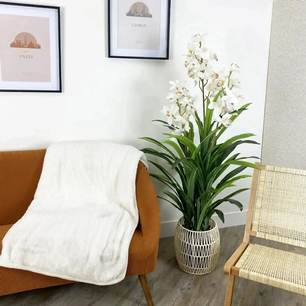 Floral decoration - Artificial cymbidium, 30 flowers, 60 leaves, white pot - ILARIA.I