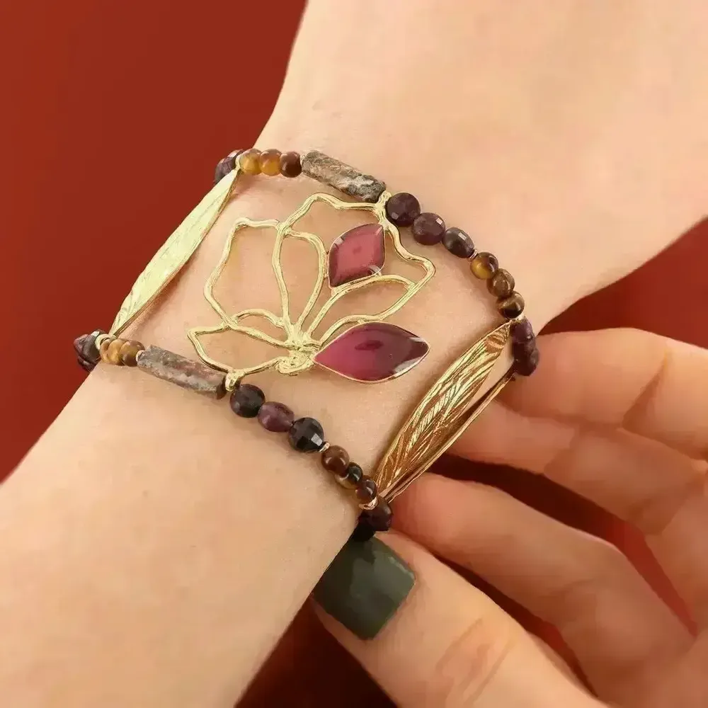 Bijoux - BRACELET HIBISCUS COULEUR DORE ROSE - ILARIA.I