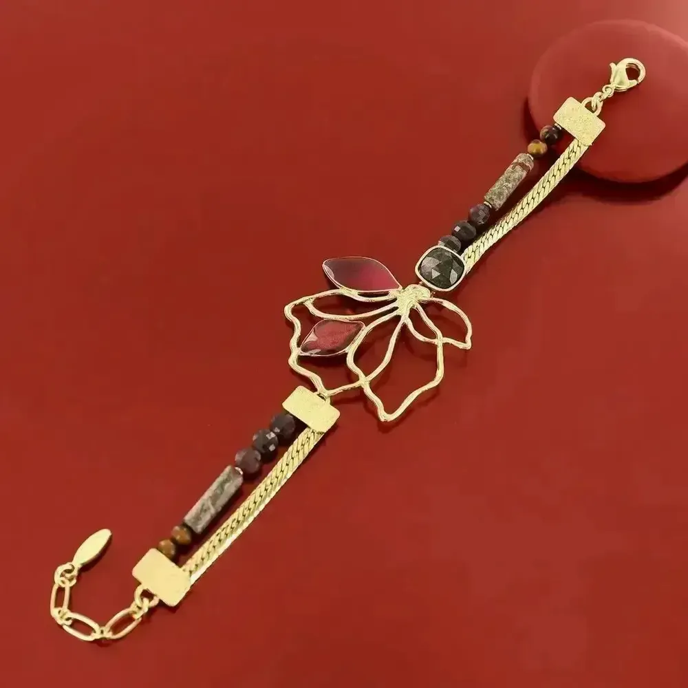 Bijoux - BRACELET HIBISCUS COULEUR DORE ROSE - ILARIA.I