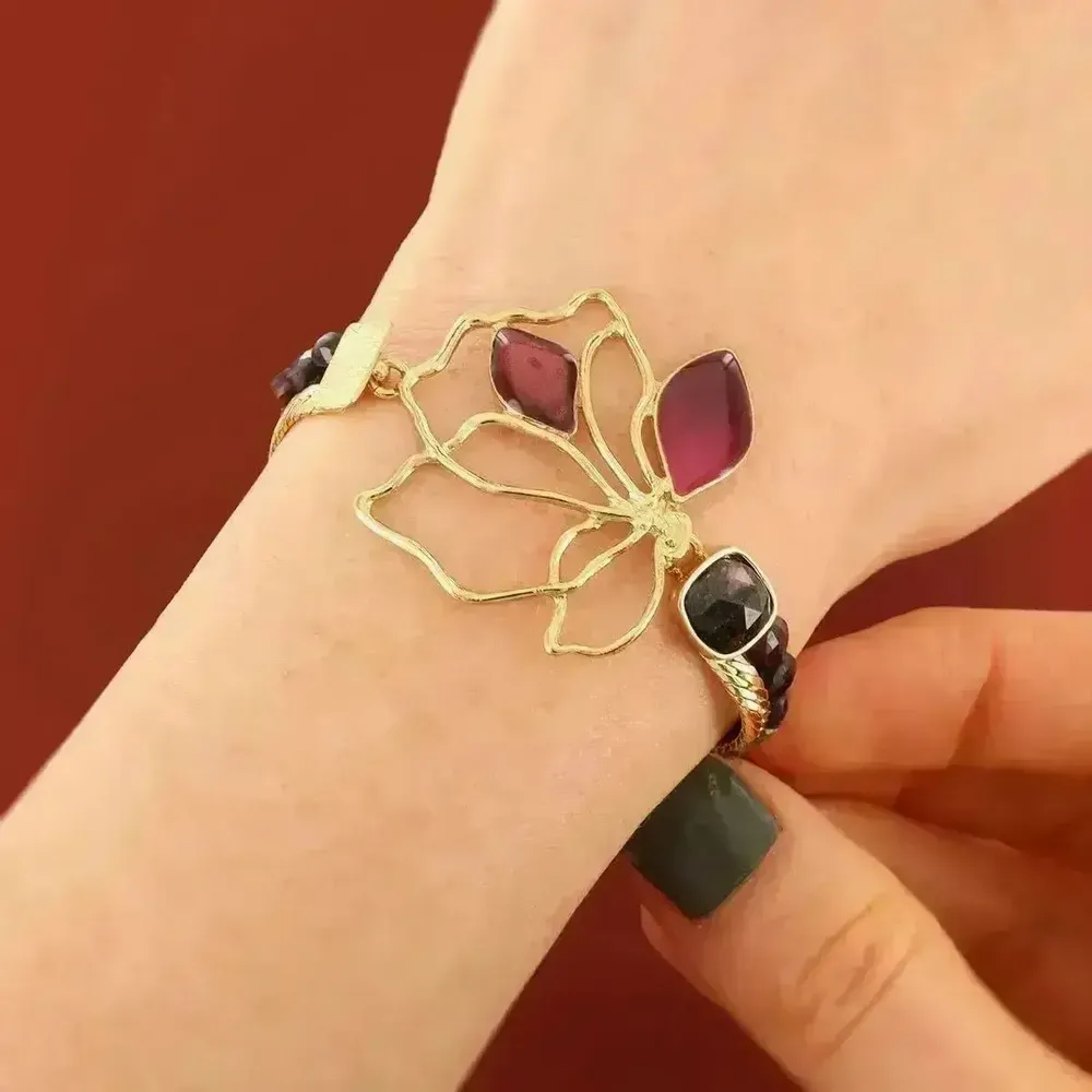 Bijoux - BRACELET HIBISCUS COULEUR DORE ROSE - ILARIA.I