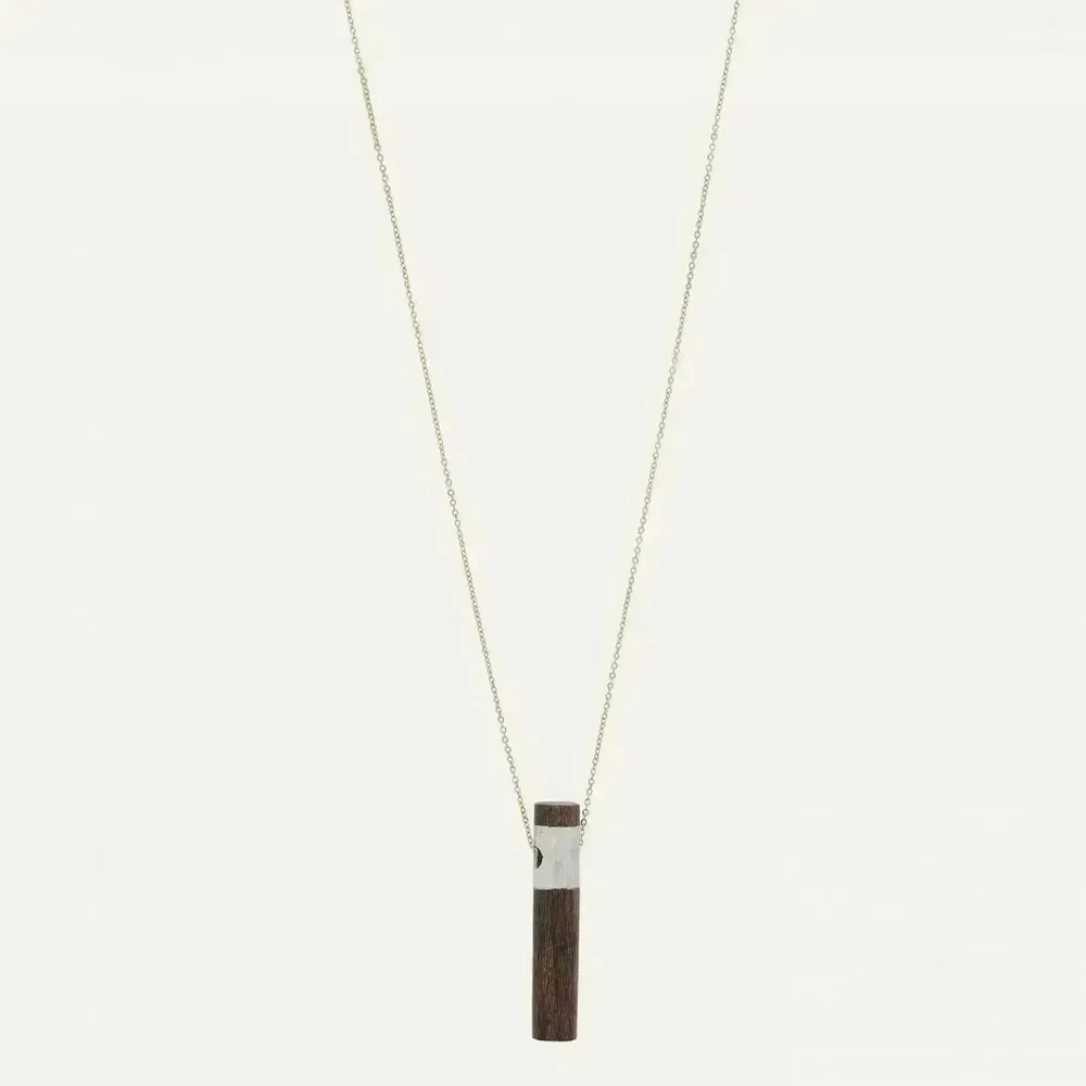 Bijoux - Collier long tube nacre & bois sur chaine dorée - Okawa - ILARIA.I