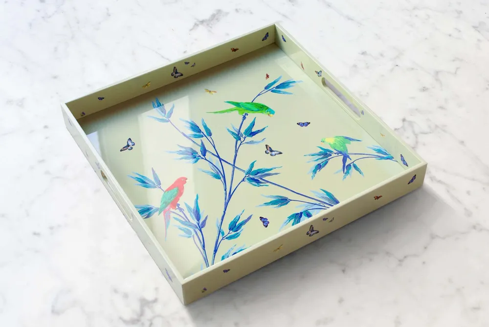 Poubelles pour salle de bain - Plateau carré en laque mauve " Jardin des merveilles" vert céladon - ILARIA.I