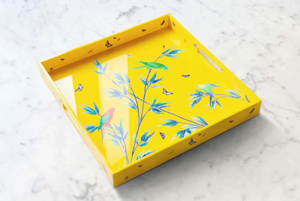 Poubelles pour salle de bain - Plateau carré en laque mauve " Jardin des merveilles" jaune - ILARIA.I