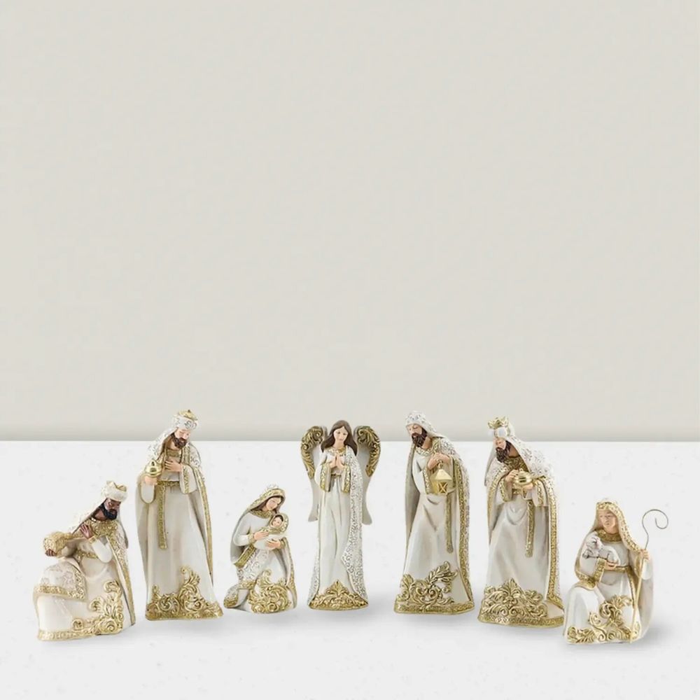 Crèches et santons - Crèche Élégante – Ensemble de 8 Figurines Blanc et Or - LES LUMIERES DU TEMPS