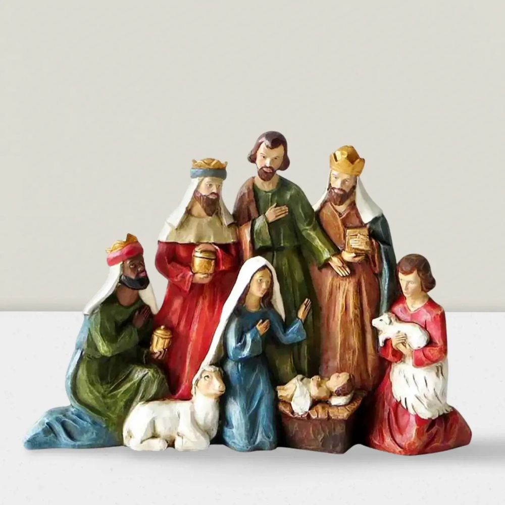 Crèches et santons - Crèche Compacte – Figurine Peinte à la Main en Une Seule Pièce - LES LUMIERES DU TEMPS