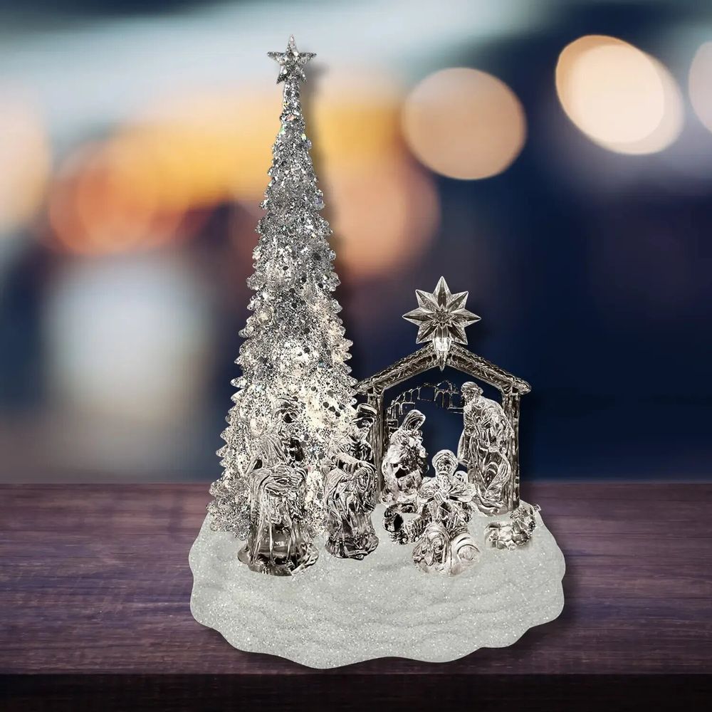 Crèches et santons - Crèche Musicale LED avec Sapin – Effet Cristal et Socle Pailleté - LES LUMIERES DU TEMPS